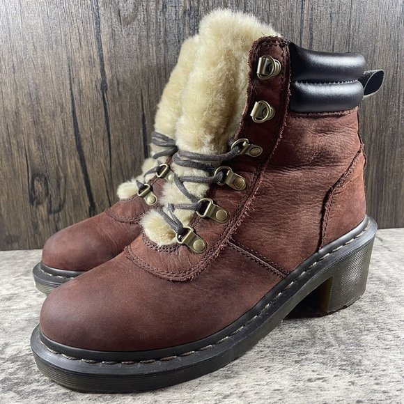Dr Martens SYLVIA Boot 6 Eye Brown Shearling Lined Womens Platform Size 7 - Picture 2 of 8
